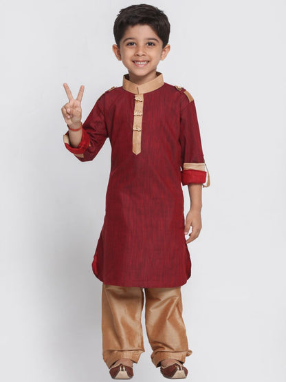 Vastramay  Boy's Maroon Cotton Pathani Suit