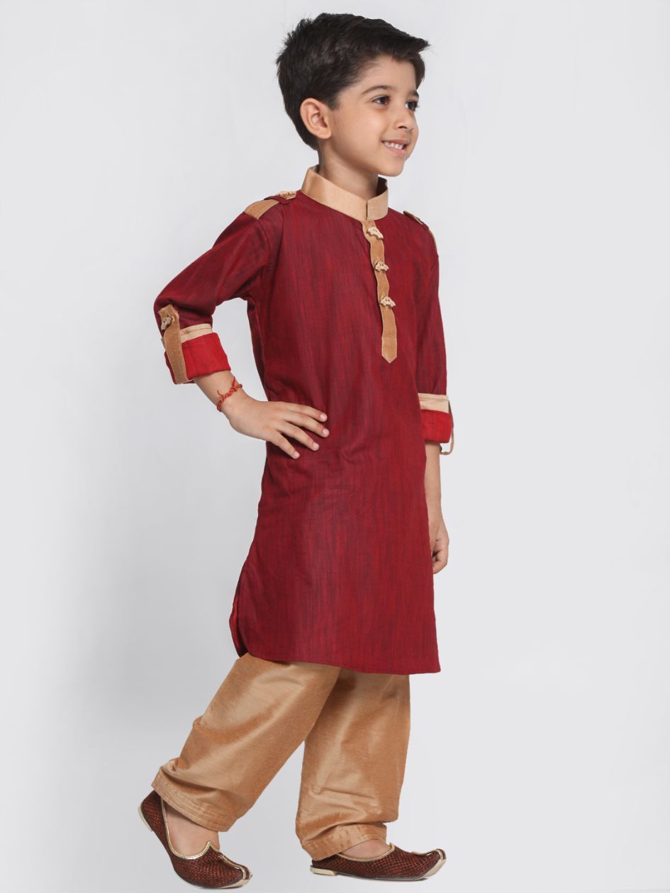 Vastramay  Boy's Maroon Cotton Pathani Suit