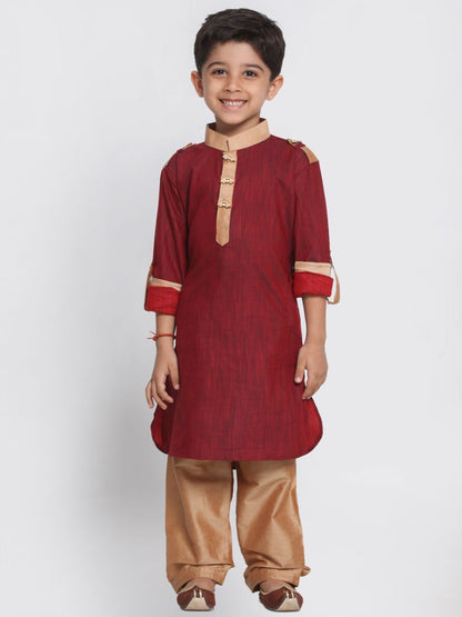 Vastramay  Boy's Maroon Cotton Pathani Suit