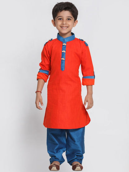 Vastramay Boy's Orange Cotton Pathani Suit