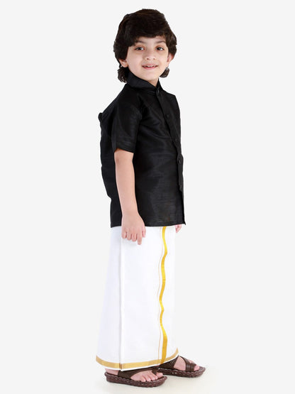 JBN Creation Boys Black & White Silk Blend Shirt Mundu and Dupatta