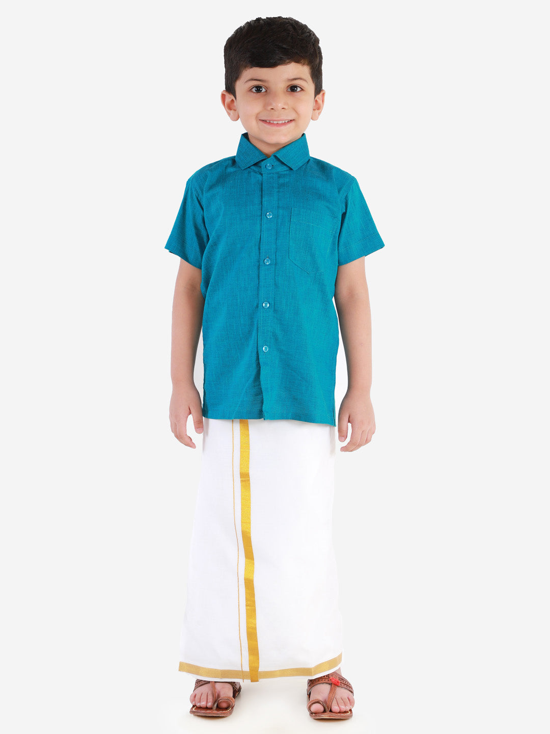 Vastramay Turquoise and White Cotton Blend Baap Beta Ethnic Shirt And Mundu Set