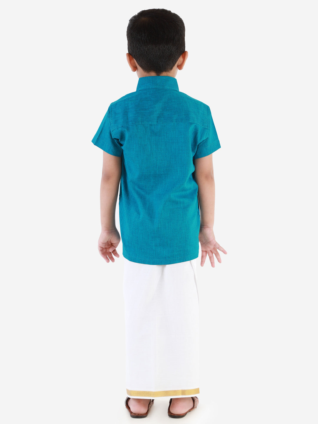 Vastramay Turquoise and White Cotton Blend Baap Beta Ethnic Shirt And Mundu Set