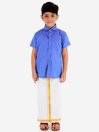 Vastramay Blue and White Cotton Blend Baap Beta Ethnic Shirt And Mundu Set