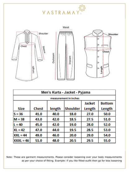 VASTRAMAY Men's Orange Jacket With Yellow Kurta And Pyjama Set