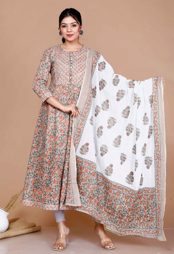 Miravan Women'S Partywear Brown Floral Printed Gota Work Long Anarkali With Dupatta Set