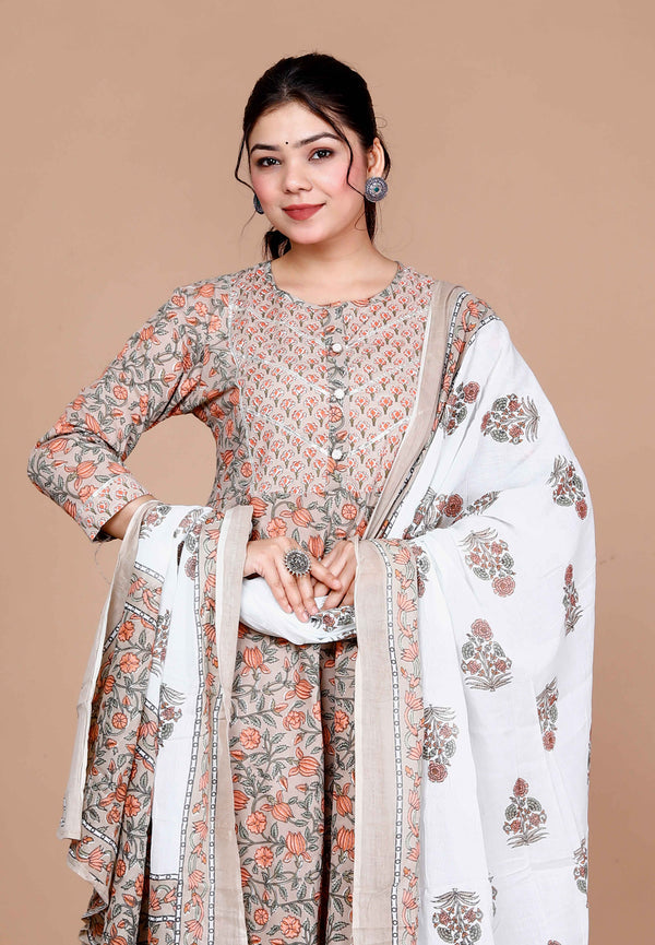 Miravan Women'S Partywear Brown Floral Printed Gota Work Long Anarkali With Dupatta Set