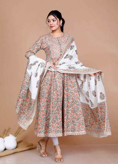 Miravan Women'S Partywear Brown Floral Printed Gota Work Long Anarkali With Dupatta Set