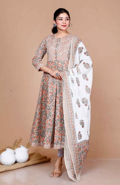 Miravan Women'S Partywear Brown Floral Printed Gota Work Long Anarkali With Dupatta Set