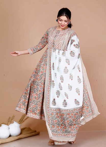 Miravan Women'S Partywear Brown Floral Printed Gota Work Long Anarkali With Dupatta Set