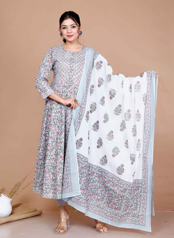 Miravan Women'S Blue Printed With Gota Patti Work Anarkali Kurta With Dupatta