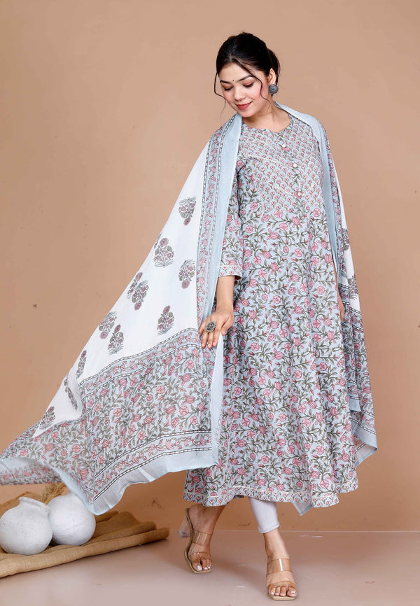 Miravan Women'S Blue Printed With Gota Patti Work Anarkali Kurta With Dupatta
