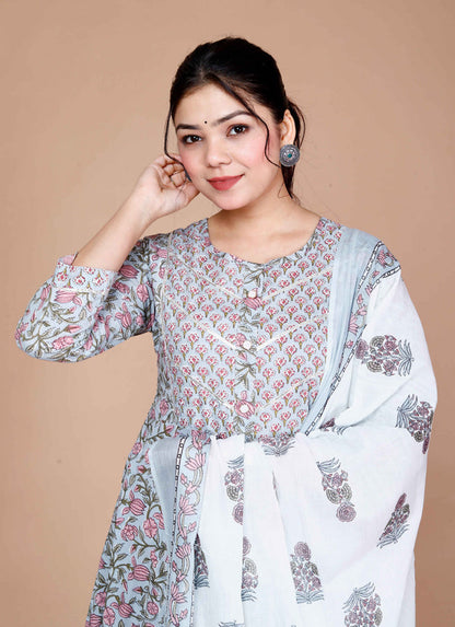 Miravan Women'S Blue Printed With Gota Patti Work Anarkali Kurta With Dupatta
