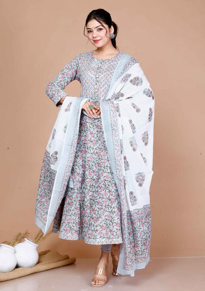 Miravan Women'S Blue Printed With Gota Patti Work Anarkali Kurta With Dupatta