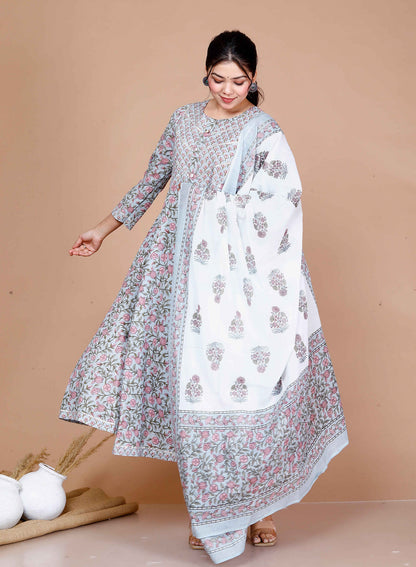 Miravan Women'S Blue Printed With Gota Patti Work Anarkali Kurta With Dupatta