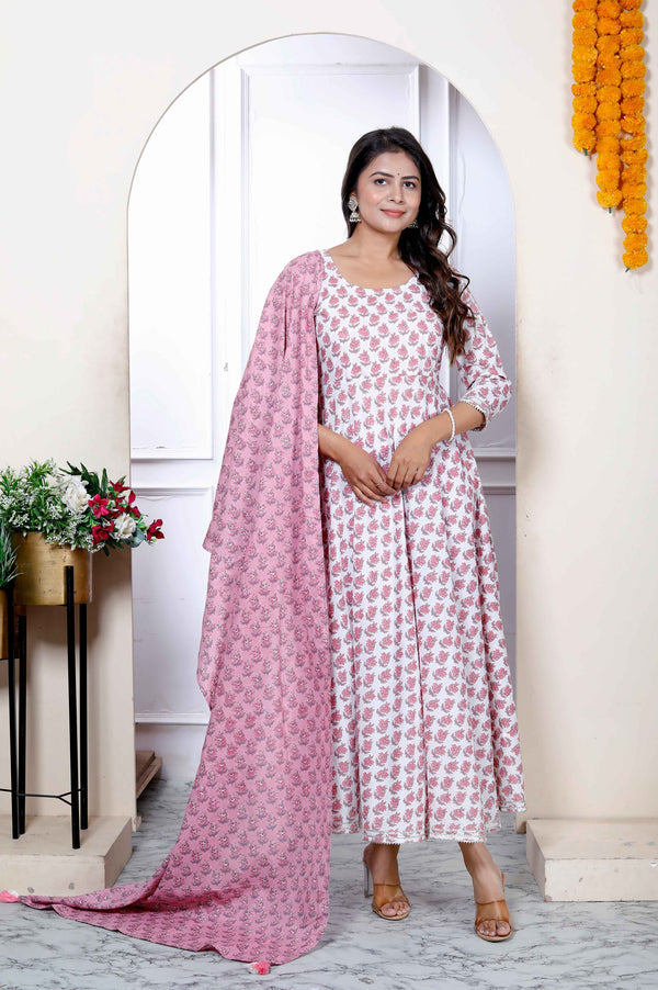 Miravan Women's Pure Cotton Printed Pink Anarkali Kurta With Dupatta Set