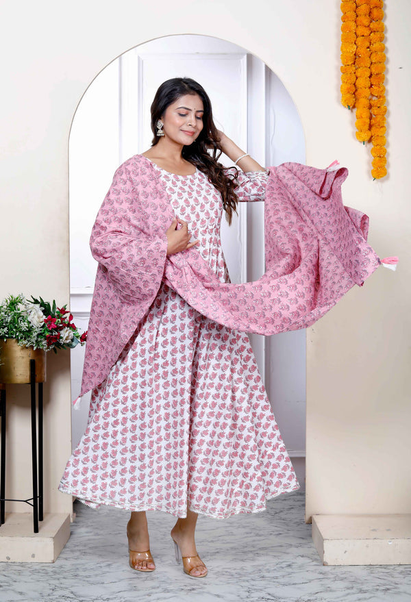 Miravan Women's Pure Cotton Printed Pink Anarkali Kurta With Dupatta Set
