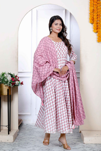 Miravan Women's Pure Cotton Printed Pink Anarkali Kurta With Dupatta Set