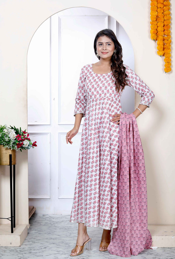 Miravan Women's Pure Cotton Printed Pink Anarkali Kurta With Dupatta Set