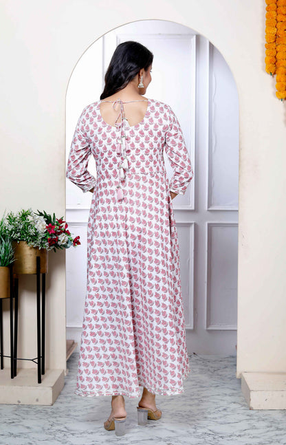 Miravan Women's Pure Cotton Printed Pink Anarkali Kurta With Dupatta Set