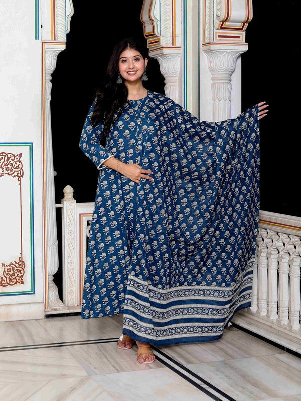 Miravan Women's Blue Cotton Floral Print Anarkali Kurta With Dupatta