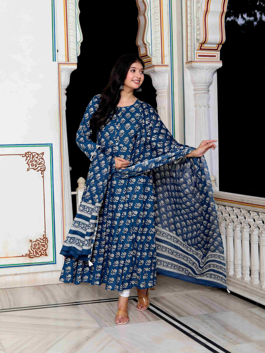 Miravan Women's Blue Cotton Floral Print Anarkali Kurta With Dupatta