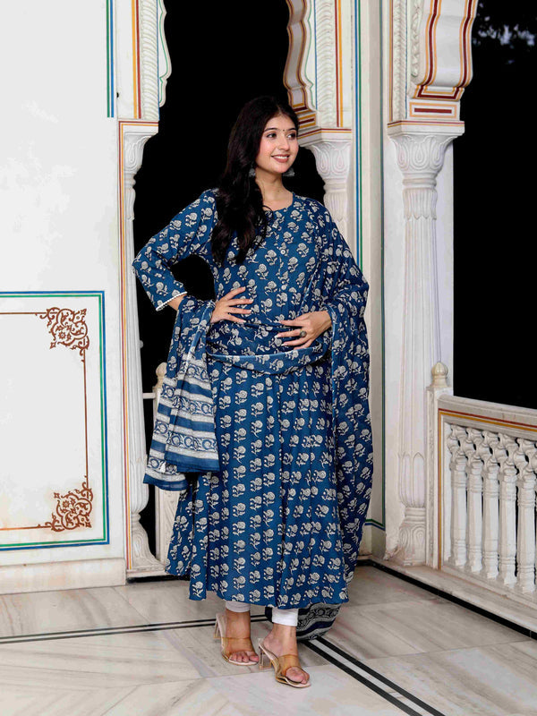 Miravan Women's Blue Cotton Floral Print Anarkali Kurta With Dupatta