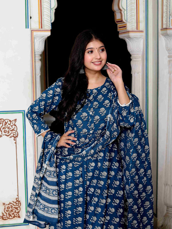 Miravan Women's Blue Cotton Floral Print Anarkali Kurta With Dupatta