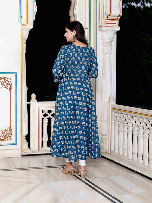 Miravan Women's Blue Cotton Floral Print Anarkali Kurta With Dupatta