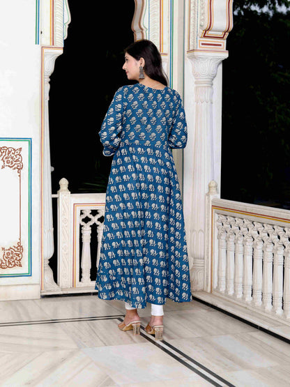 Miravan Women's Blue Cotton Floral Print Anarkali Kurta With Dupatta
