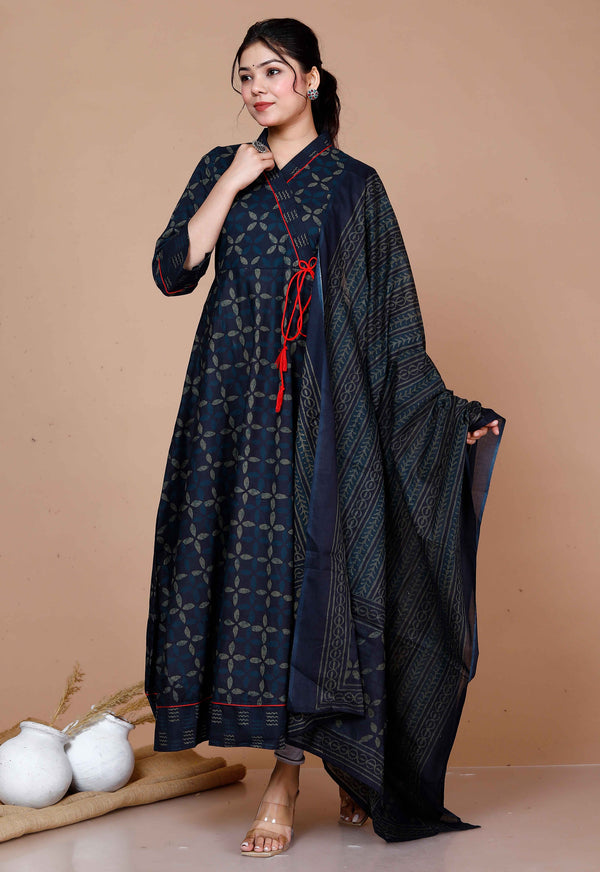 Miravan Women'S Abstract Printed & Tasseles Angrakha Kurta With Blue Dupatta Set