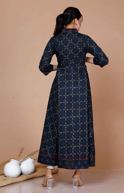 Miravan Women'S Abstract Printed & Tasseles Angrakha Kurta With Blue Dupatta Set