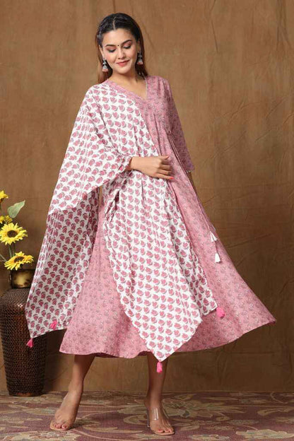 Miravan Women's Pink Floral Printed Pure Cotton Kurta With Dupatta Set