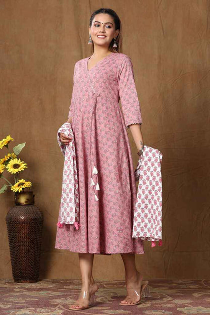 Miravan Women's Pink Floral Printed Pure Cotton Kurta With Dupatta Set