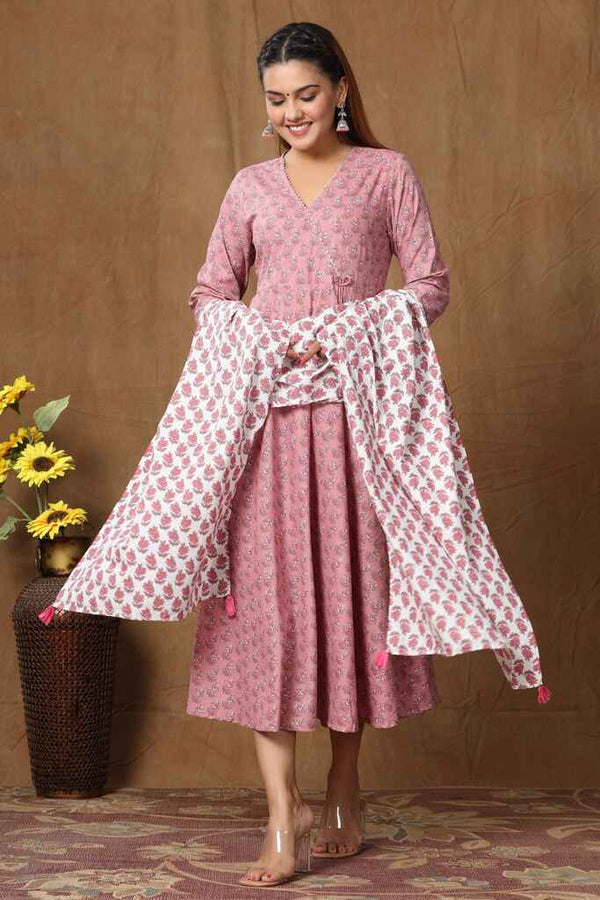 Miravan Women's Pink Floral Printed Pure Cotton Kurta With Dupatta Set