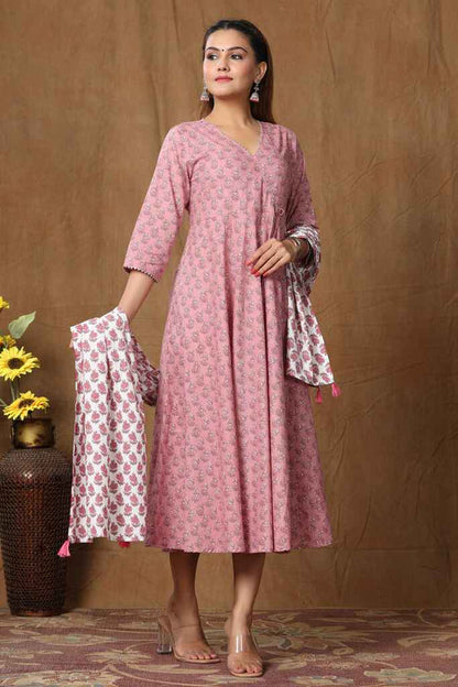 Miravan Women's Pink Floral Printed Pure Cotton Kurta With Dupatta Set