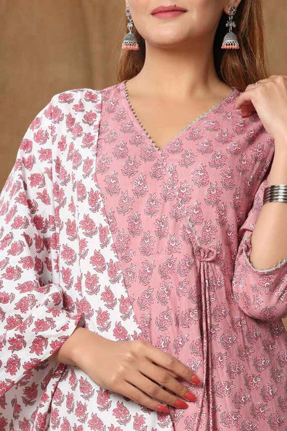 Miravan Women's Pink Floral Printed Pure Cotton Kurta With Dupatta Set