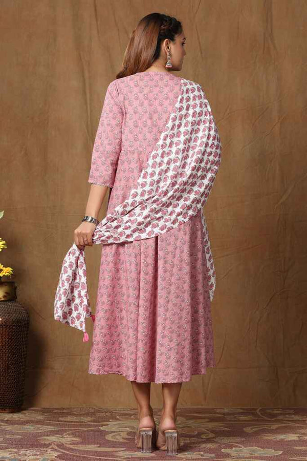 Miravan Women's Pink Floral Printed Pure Cotton Kurta With Dupatta Set