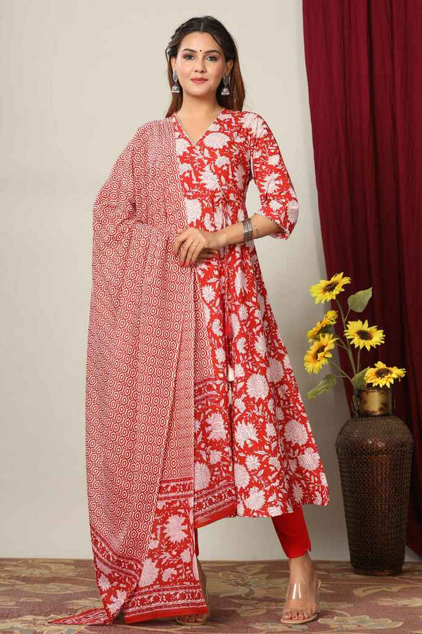 Miravan Women's Red Floral Printed Gotta Patti Pure Cotton Kurta With Dupatta Set 