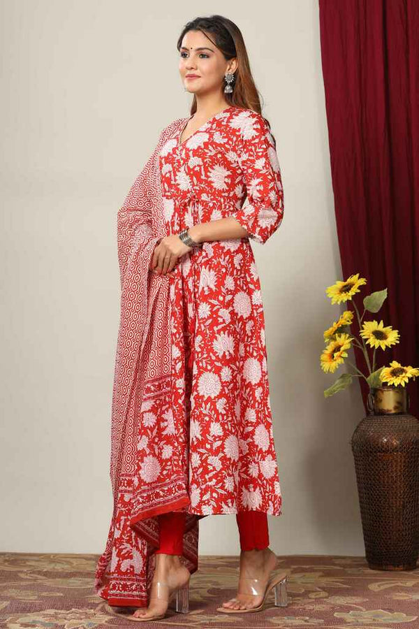 Miravan Women's Red Floral Printed Gotta Patti Pure Cotton Kurta With Dupatta Set 