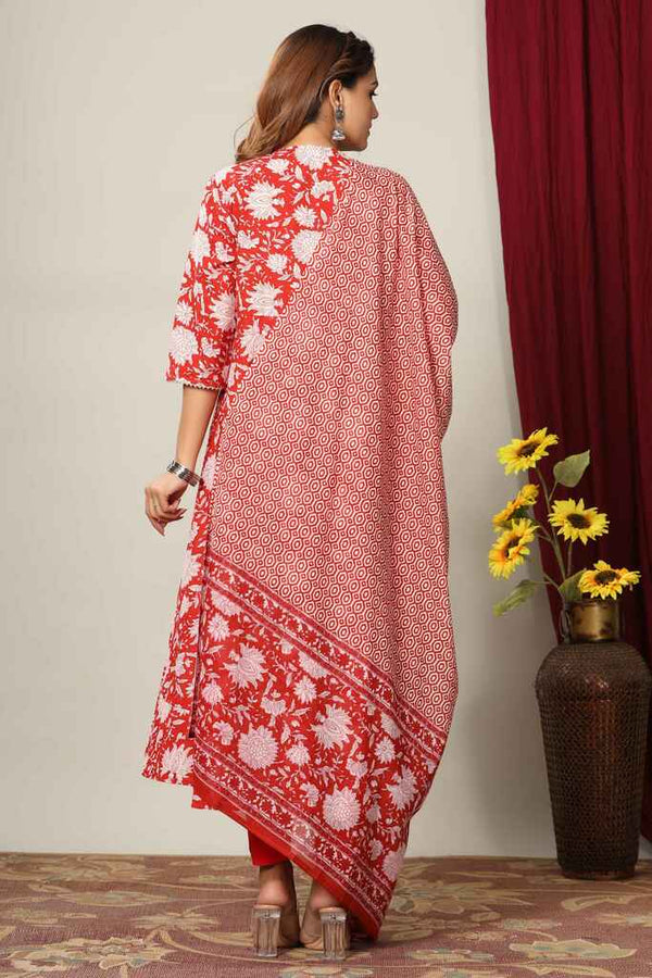 Miravan Women's Red Floral Printed Gotta Patti Pure Cotton Kurta With Dupatta Set 