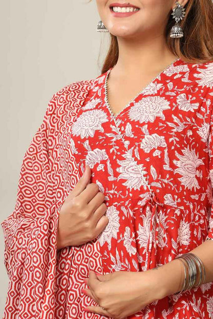 Miravan Women's Red Floral Printed Gotta Patti Pure Cotton Kurta With Dupatta Set 