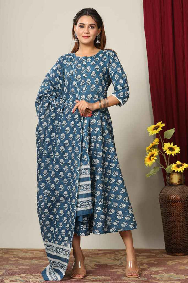 Miravan Women's Blue Floral Printed Anarkali Kurta With Dupatta
