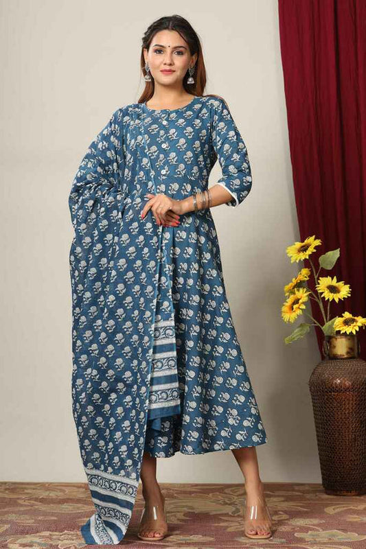 Miravan Women's Blue Floral Printed Anarkali Kurta With Dupatta