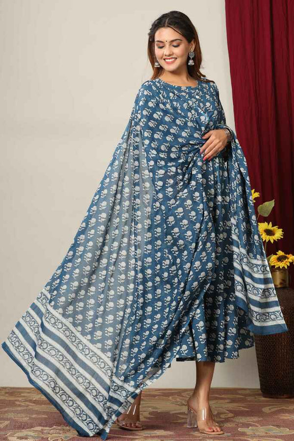 Miravan Women's Blue Floral Printed Anarkali Kurta With Dupatta