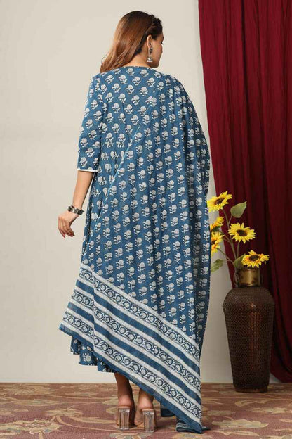 Miravan Women's Blue Floral Printed Anarkali Kurta With Dupatta