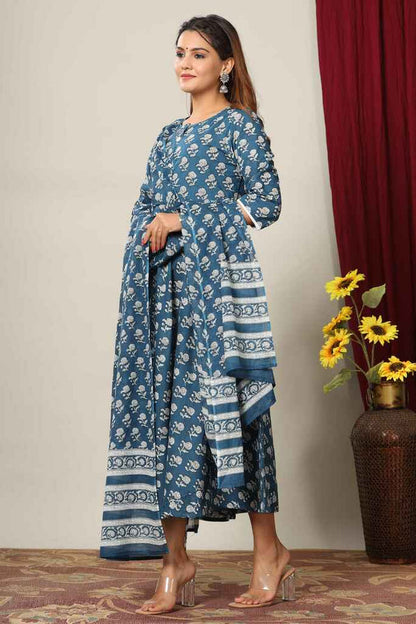 Miravan Women's Blue Floral Printed Anarkali Kurta With Dupatta