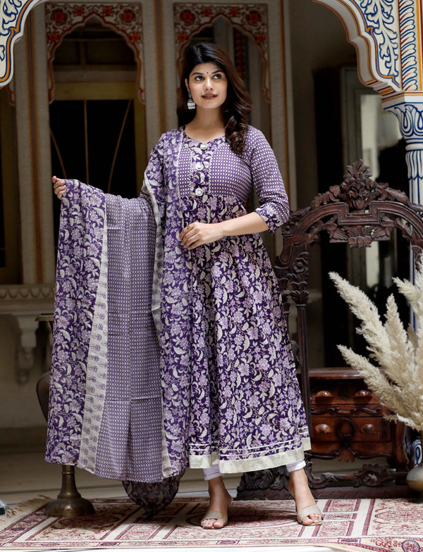 Miravan Women's Purple Cotton Floral Gota Lace Work Anarkali Kurta And Dupatta