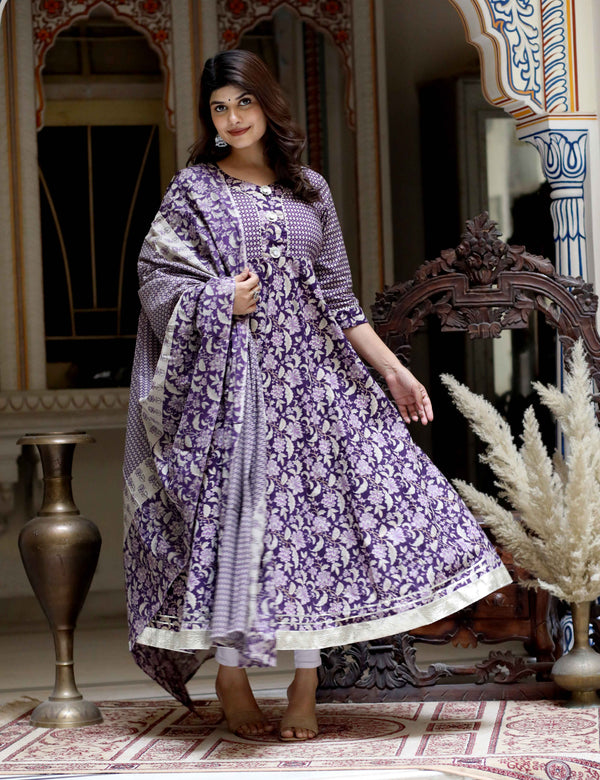 Miravan Women's Purple Cotton Floral Gota Lace Work Anarkali Kurta And Dupatta
