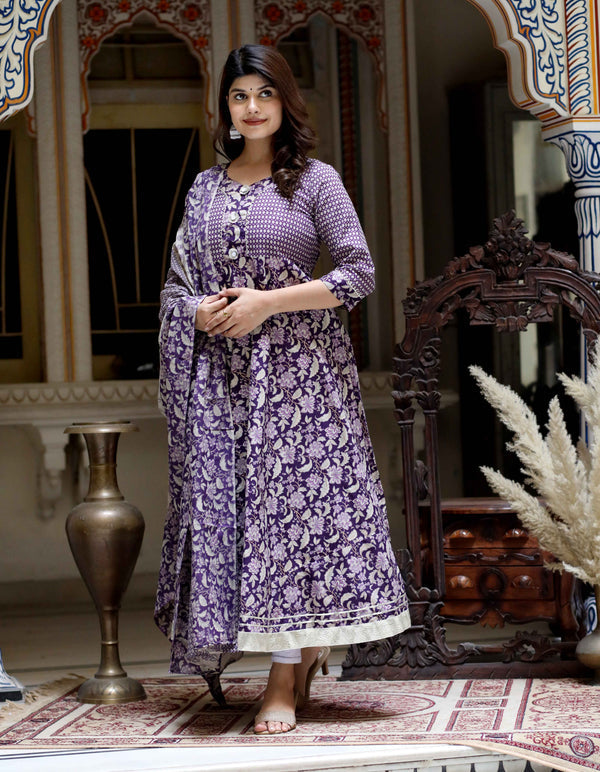 Miravan Women's Purple Cotton Floral Gota Lace Work Anarkali Kurta And Dupatta